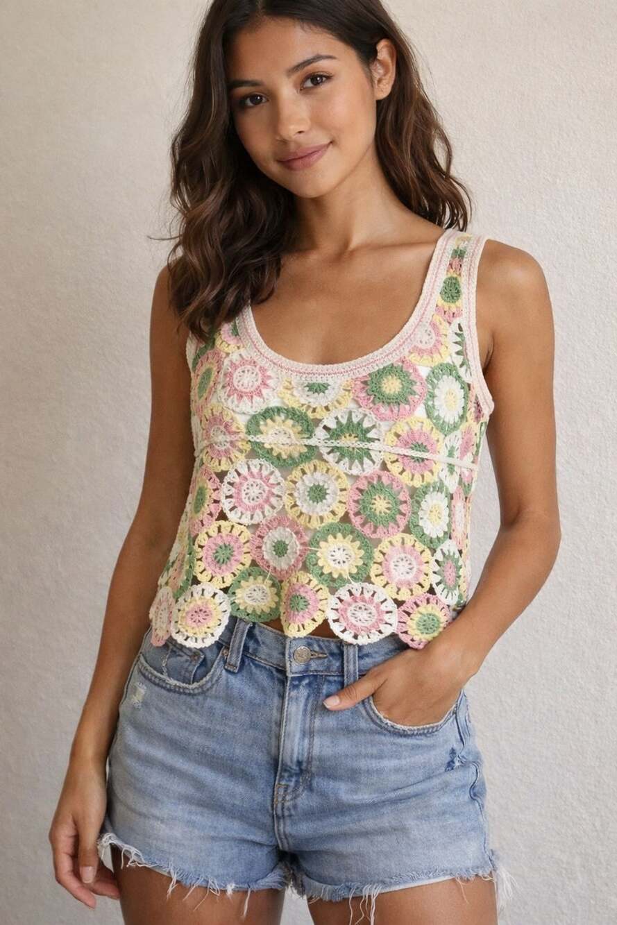 Papaya Crochet Knit Floral Sleeveless Tank Top Size Large  Cottagecore Y2K